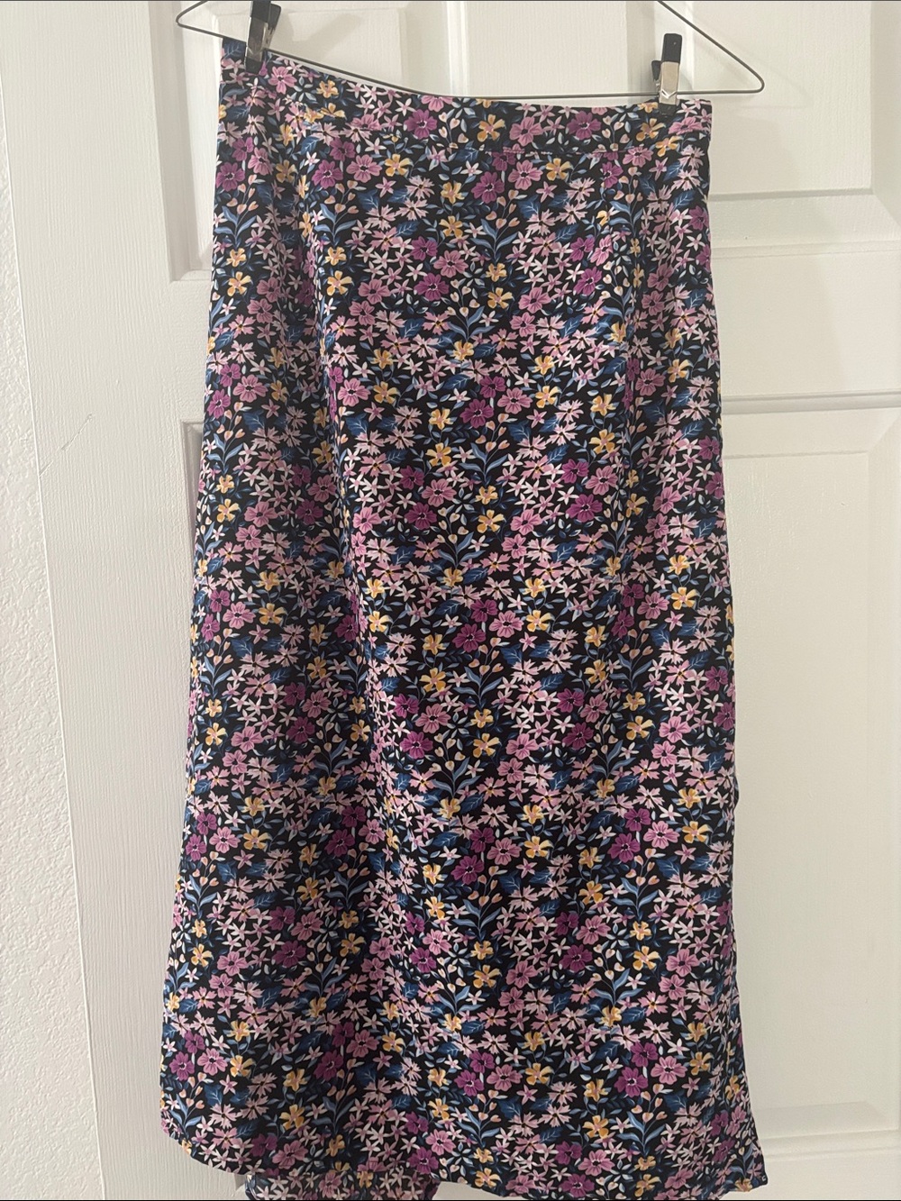 Floral Midi Skirt in Navy with Pink and Yellow Flowers- w side slit